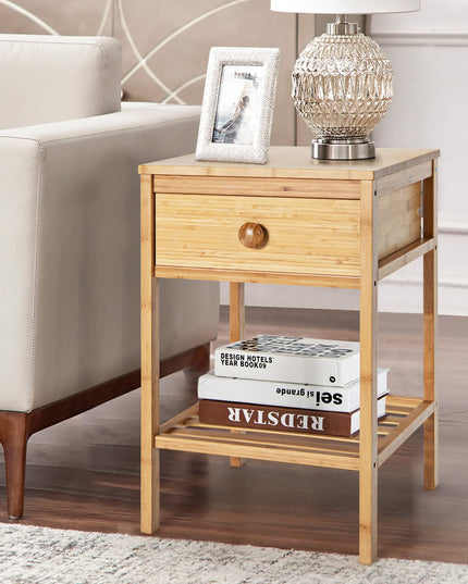 Giantex Nightstand Bamboo Bedside Table with Drawer, Open Shelf, Multifunctional Side Table