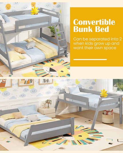 Giantex Wood Bunk Beds Twin Over Full Size, Solid Wood Floor Low Bunk Bed w/Removable Ladder