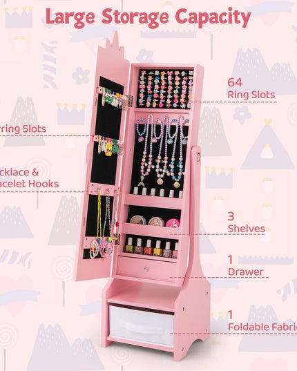 CHARMAID Kids Mirror Jewelry Cabinet - 45.5" Standing Jewelry Armoire with Full Length Mirror