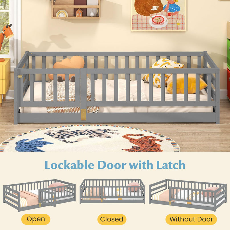 Giantex Twin Floor Bed with High Fence & Door