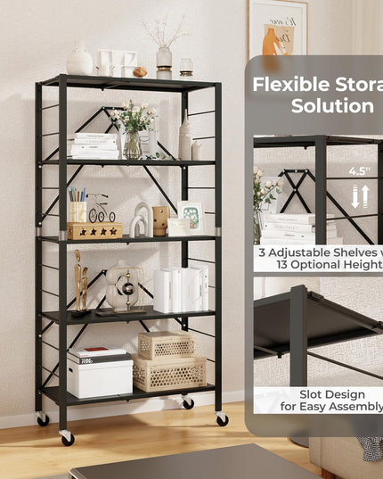 Giantex 5-Tier Foldable Storage Shelf with Wheels Set of 1/2, Collapsible Shelving Unit with Adjustable Shelves