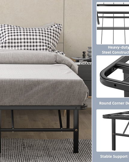 14 Inch Foldable Metal Mattress Foundation | Heavy Duty Bed Frame with Steel Slat