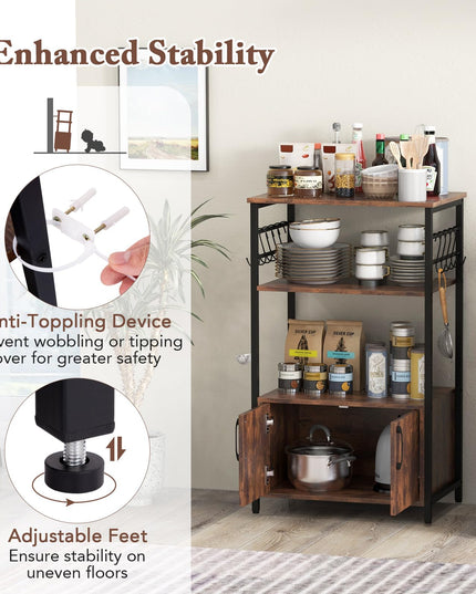 Giantex Kitchen Bakers Rack with Storage, 3-Tier Industrial Microwave Stand with Open Shelves and 10 Removable S-Shaped Hooks