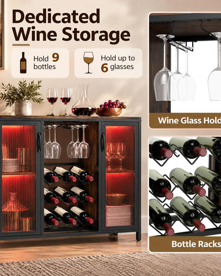 GIANTEX Modern Coffee Bar Cabinet with LED Lights & Wine Racks