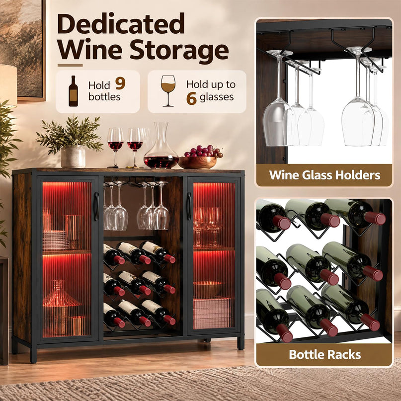 GIANTEX Modern Coffee Bar Cabinet with LED Lights & Wine Racks