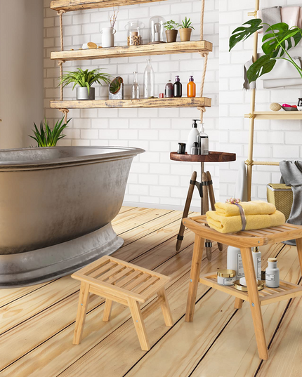 Bamboo Shower Bench with Foot Stool, Shower Seat Bench with Underneath Storage Shelf