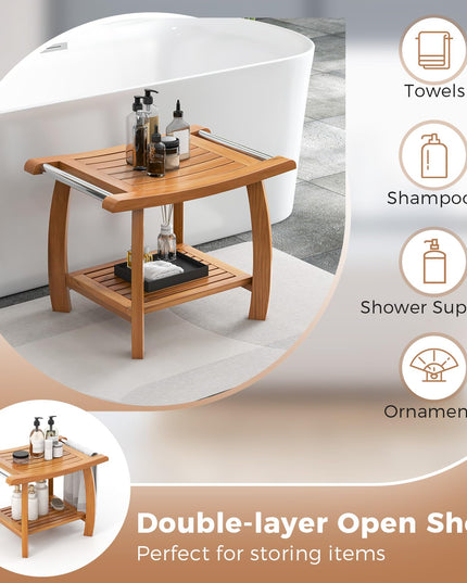 Gaintex Teak Shower Bench with Handles and Storage Shelf, Teak Shower Stool for Shaving Legs, Non-Slip Foot Pads