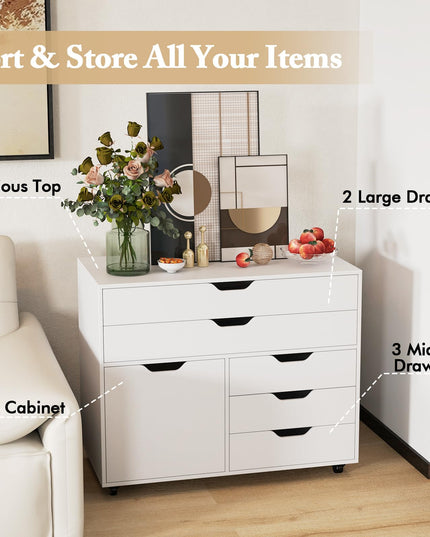 Giantex File Cabinet, Rolling Lateral Filing Cabinet with 2 Large Drawers, 3 Small Drawers
