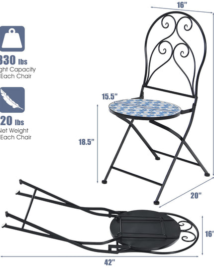 Giantex 2 Pieces Folding Bistro Chairs, Mosaic Patio Chairs with Ceramic Tiles Seat and Exquisite Floral Pattern