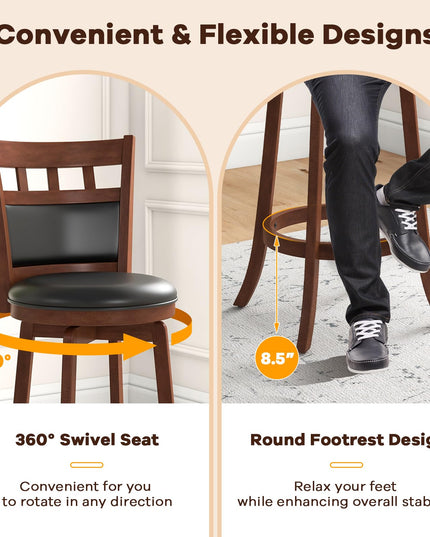 Giantex Wood Bar Stools Set, 31" Swivel Bar Height Barstools w/Back, Rubber Wood Frame