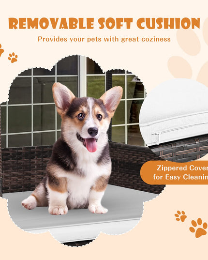 Giantex Wicker Dog House, Raised Rattan Dog Bed with Roof, Removable Cushion and Steel Frame