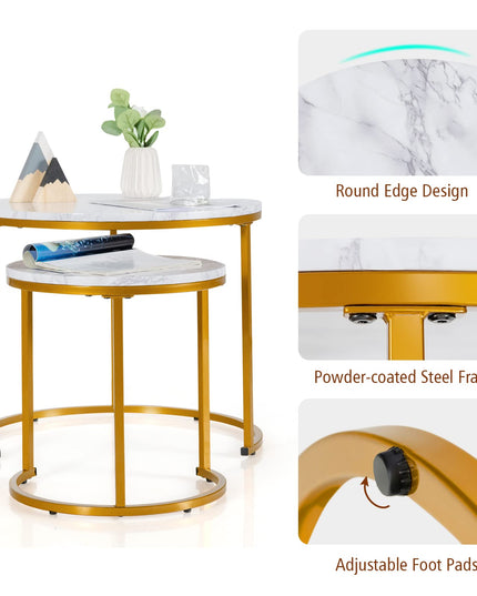 Giantex Nesting Coffee Table Set of 2, Round Stacking Side Tables with Wooden Tabletop & Powder Coated Steel Frame