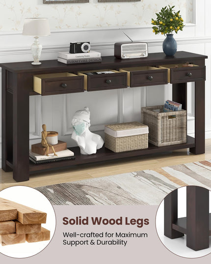Giantex 63" Farmhouse Entryway Table, Narrow Console Table w/ 4 Storage Drawers & Open Shelf