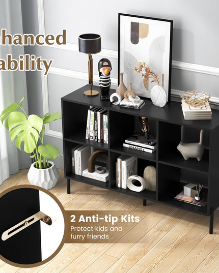 Giantex 6 Cube Bookcase, 3-Tier 47" Long Wood Bookshelf w/ 5 Metal Legs, Adjustable Shelf, Anti-toppling Device