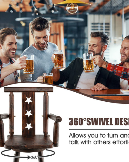Brown Bar Stool, 29’’ Solid Fir Wood Bar Chair with Footrest, Decorative Star Backrest, Wide Armrest, Rustic Kitchen Stool