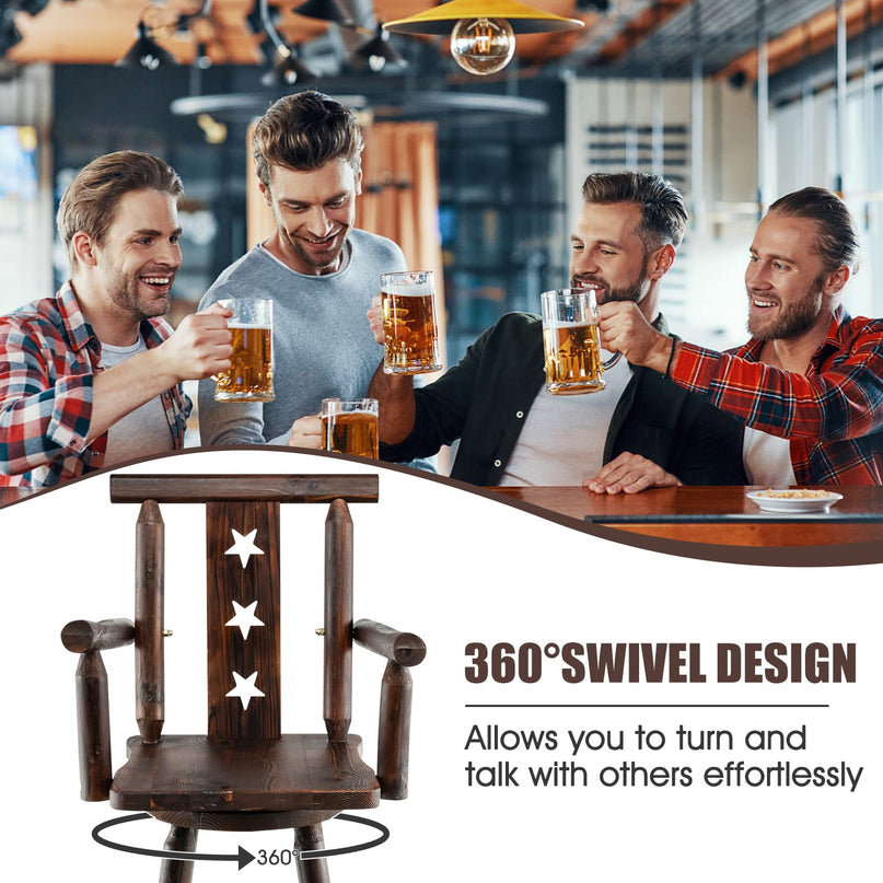 Brown Bar Stool, 29’’ Solid Fir Wood Bar Chair with Footrest, Decorative Star Backrest, Wide Armrest, Rustic Kitchen Stool