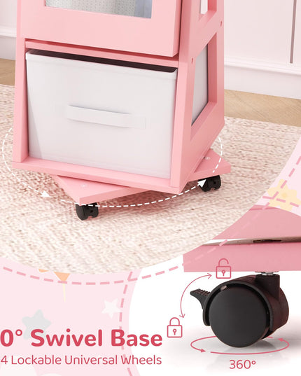 CHARMAID 360° Swivel Kids Jewelry Cabinet, 48" Standing Jewelry Organizer with Full Length Mirror, Storage Drawer