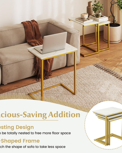 Giantex Nesting Coffee Table Set of 3 w/Faux Marble Tabletop & Heavy-Duty Metal Frame