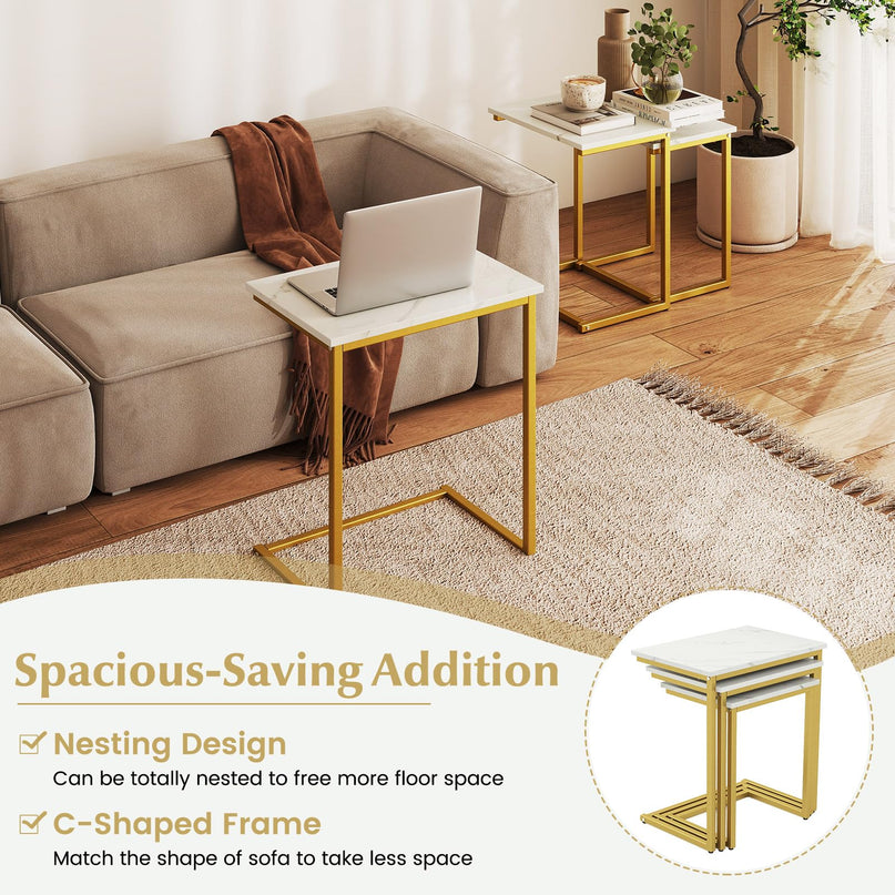 Giantex Nesting Coffee Table Set of 3 w/Faux Marble Tabletop & Heavy-Duty Metal Frame