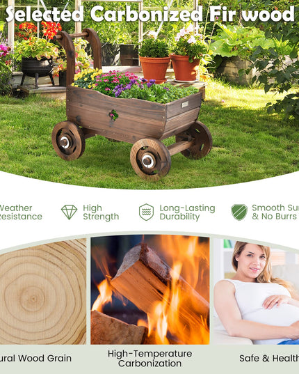 Giantex Wooden Wagon Planter Raised Bed on Wheels, Handle, Drainage Hole