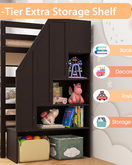 Giantex Twin Over Twin Bunk Bed with Trundle and Storage Stairs, Solid Wood Bunk Bed Convertible 3 Bed Frames for Bedroom