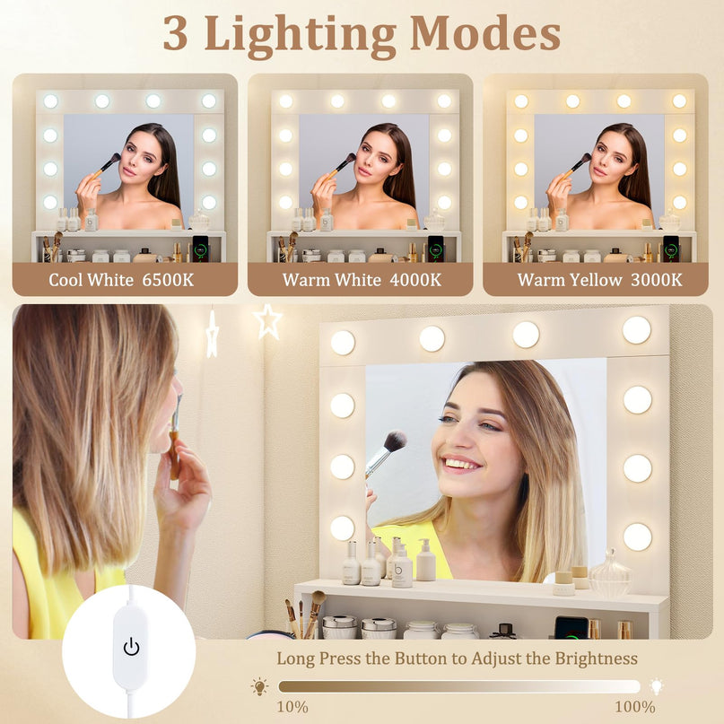 CHARMAID Vanity Desk with Mirror and Lights for Small Bedroom Narrow Space