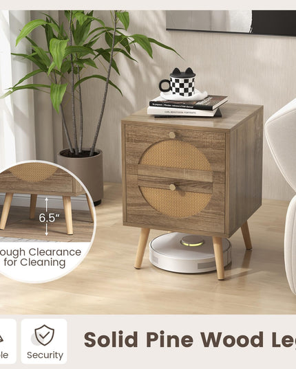 Giantex Rattan Nightstand Set of 2, Boho Bedside Tables with 2 Rattan Drawers