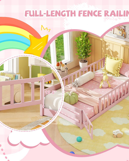 Giantex  Floor Bed with Door & Fence Kids Wood Montessori Bed