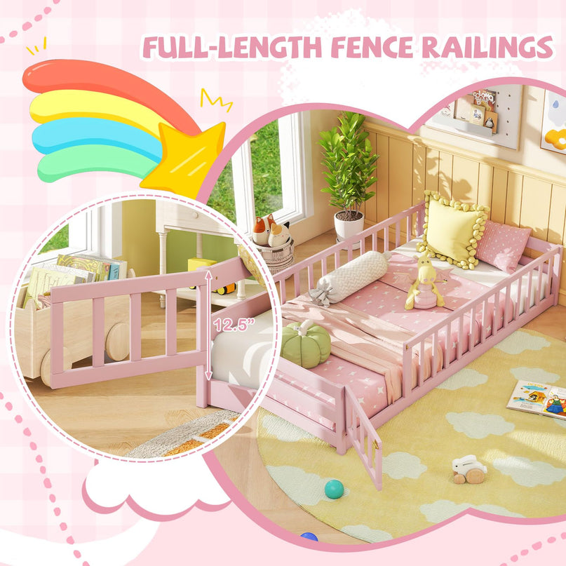 Giantex  Floor Bed with Door & Fence Kids Wood Montessori Bed