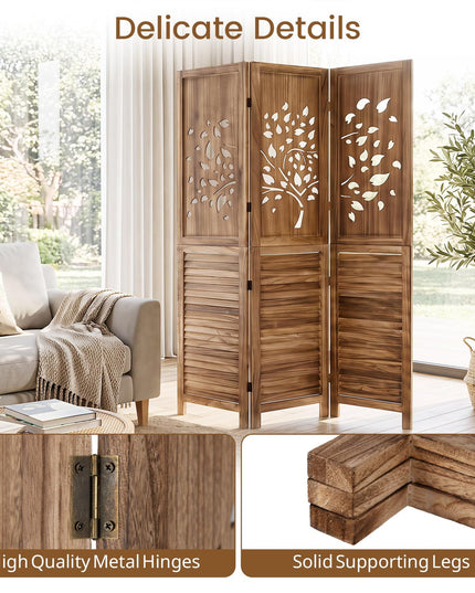 GIANTEX 3 Panel Folding Room Divider with Tree Leaf Cutout & Louvered Slats
