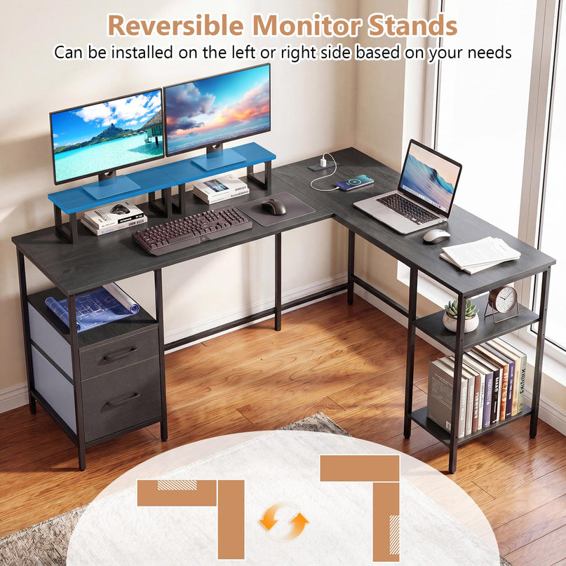 Giantex 63" Reversible L Shaped Desk with Charging Station