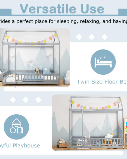 Giantex Twin Floor Bed with Fence, Wood Montessori Bed with Safety Guardrails and 80.5" High Roof Design