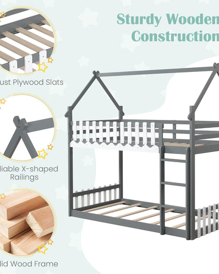 Giantex Bunk Bed Twin Over Twin, Wood House Low Bunk Bed with Ladder & Fence Safety Guardrail