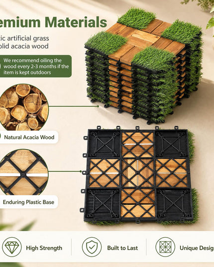 GIANTEX 30 PCS Interlocking Acacia Wood & Artificial Grass Deck Tiles