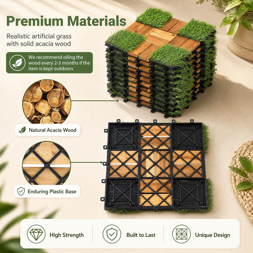 GIANTEX 30 PCS Interlocking Acacia Wood & Artificial Grass Deck Tiles