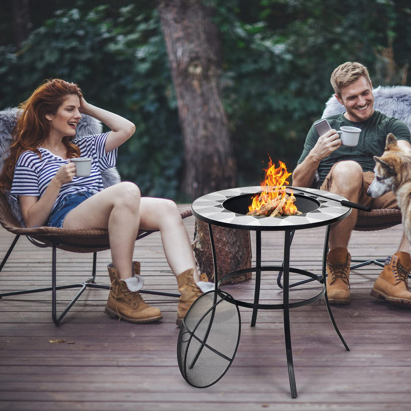 Giantex Fire Pit Table, Outdoor Fire Pit with Mesh Cover, Fire Poker, Tile Tabletop