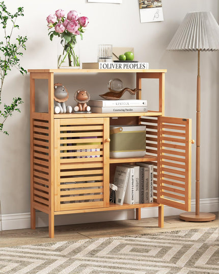 Giantex Storage Cabinet, Bamboo Bathroom Floor Cabinet with Double Louvered Doors