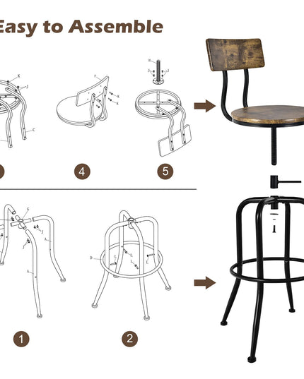 Industrial Bar Stool, Vintage Adjustable Swivel Counter Height Kitchen Dining Chair with Arc-Shaped Backrest