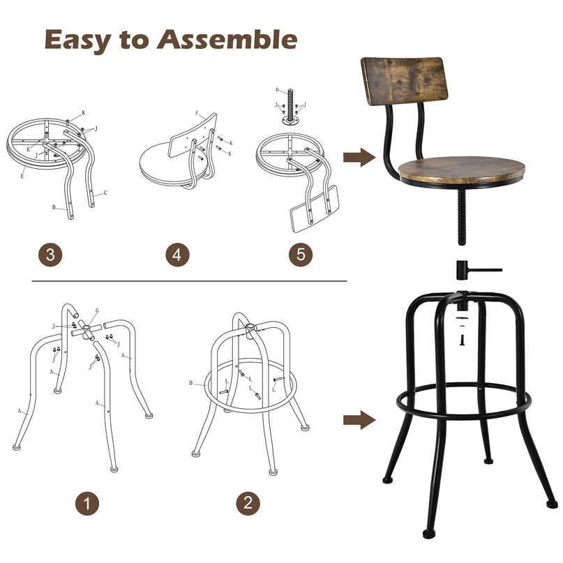 Industrial Bar Stool, Vintage Adjustable Swivel Counter Height Kitchen Dining Chair with Arc-Shaped Backrest