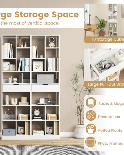 Giantex 71" Bookcase with Drawer with 10 Open Cubes