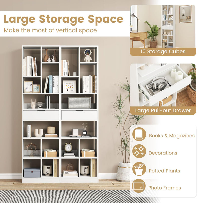 Giantex 71" Bookcase with Drawer with 10 Open Cubes