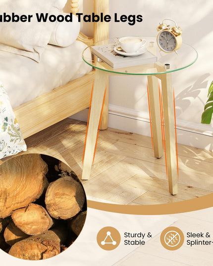 Giantex Modern Round Bedside Nightstand with Clear Tempered Glass Top & Rubber Wood Legs