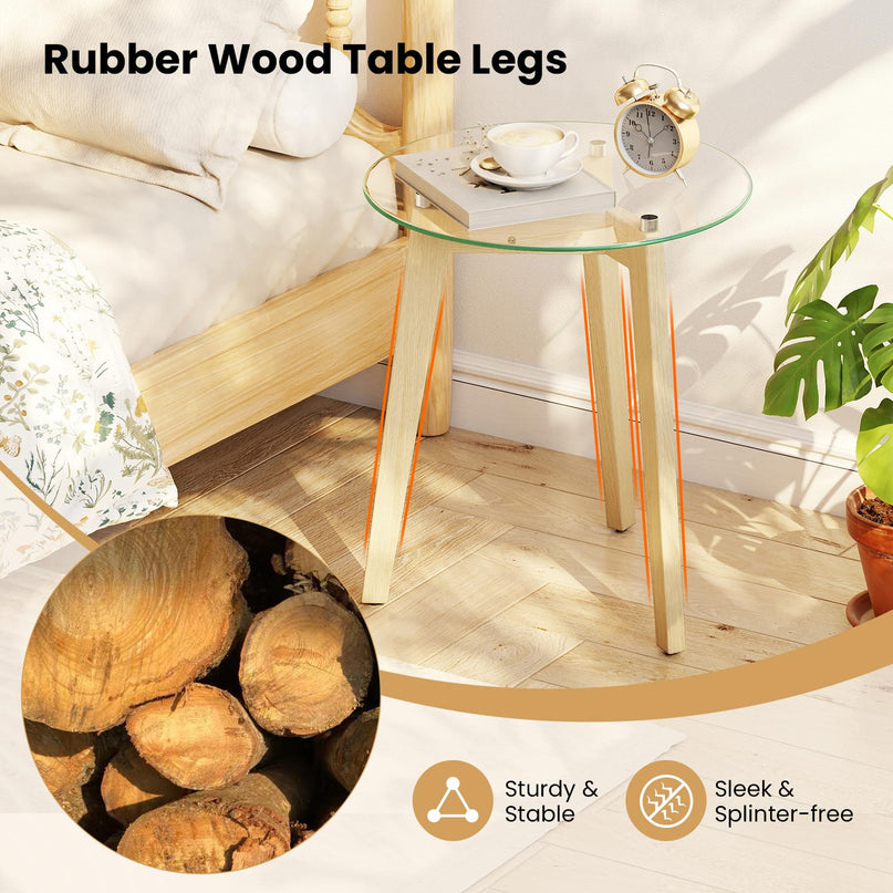 Giantex Modern Round Bedside Nightstand with Clear Tempered Glass Top & Rubber Wood Legs