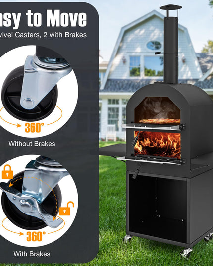 Giantex Pizza Oven Outdoor - Wood Fired Pizza Oven with 2 Side Tables