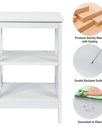 Nightstand 3-Tier X-Design W/Storage Shelves and Stable Structure Storage Organizer Display Sofa Side Table