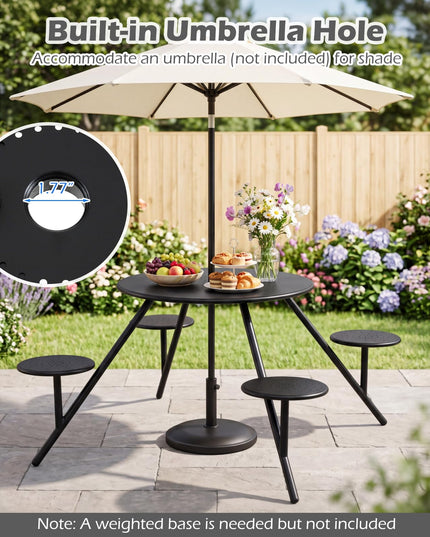 Giantex Round Picnic Table Set with 4 Built-in Seats and 1.77" Umbrella Hole