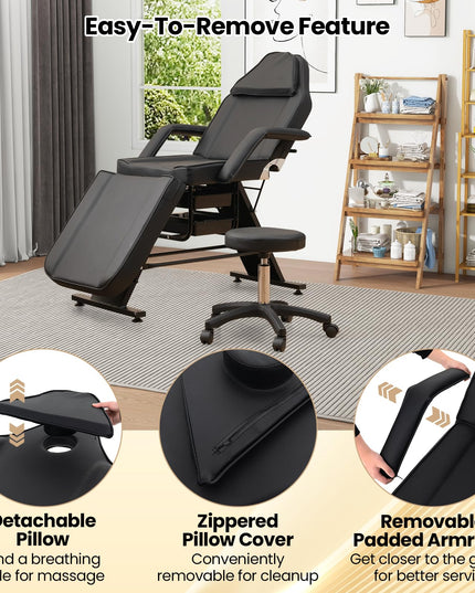 Giantex 72" Massage Bed with Hydraulic Stool, 3-Section Tattoo Chair with Adjustable Backrest, Legrest & Storage Boxes
