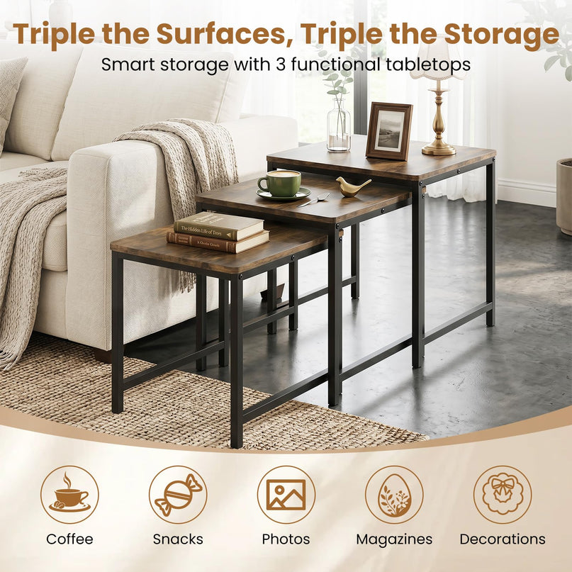 Giantex Modern Nesting Coffee Table Set of 3 with Metal Frame for Small Space