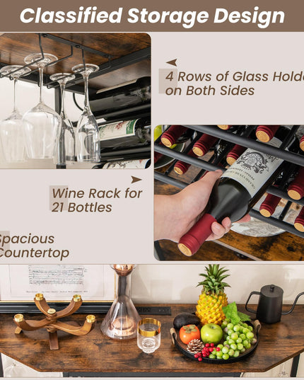 Giantex Wine Bar Cabinet with Power Outlet, Mini Coffee Bar Stand Table with 21 Bottle Wine Rack & Glass Holders