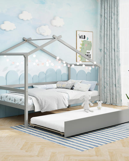 Giantex Wood House Bed for Kids, Twin Bed Frame with Trundle Bed Twin